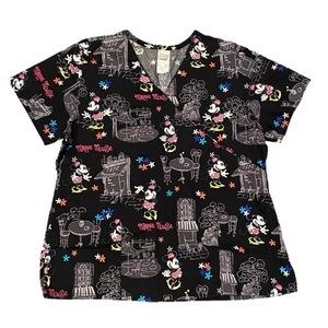 Disney Minnie Mouse Cafe Scrub Top Women’s L Medical Tie Back Short Sleeve Shirt
